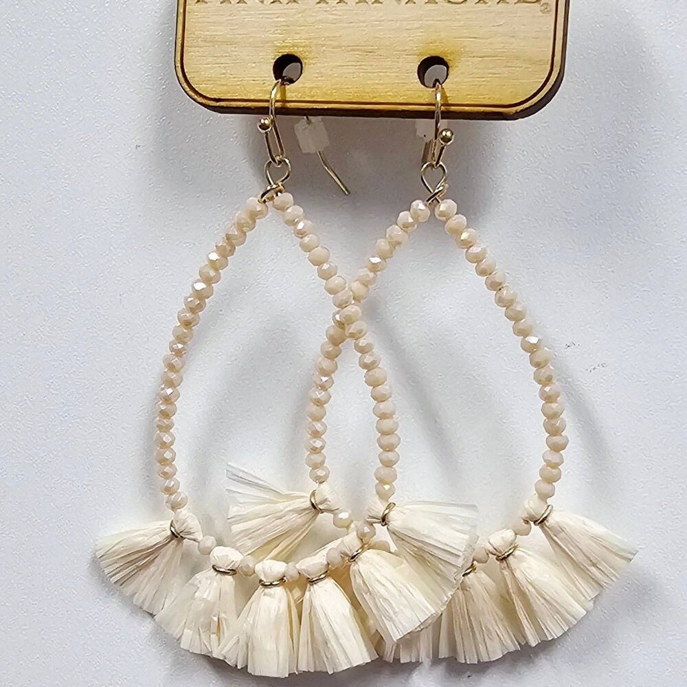 Pink Panache Ivory Bead Raffia Tassel Earrings